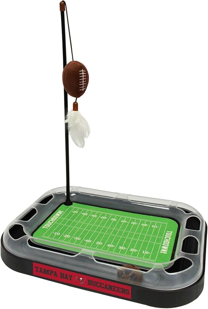 Pets First Cat Wand Toy Tampa Bay Buccaneers Football Field CAT Scratcher Toy with Catnip Filled Plush Football Toy & Feather Cat Toy Hanging, Jingle Bell Interactive Ball Cat Chasing 5-in-1 Kitty Toy