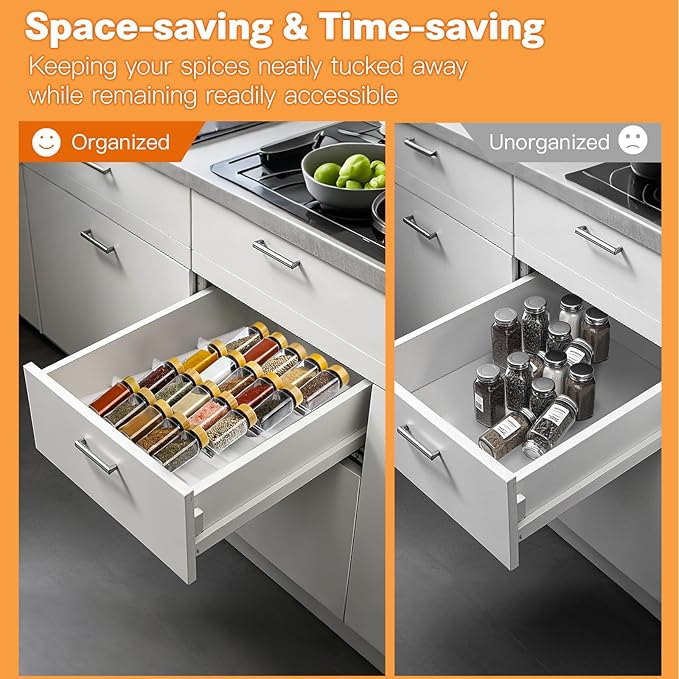 Spice Drawer Organizer, 4 Tier Clear Acrylic Drawer Seasoning Organizer Rack, Kitchen Seasoning Jars Drawers Insert, Expandable 11" to 22" Spice Rack Tray for Cabinet/Countertop (Jars Not Included)