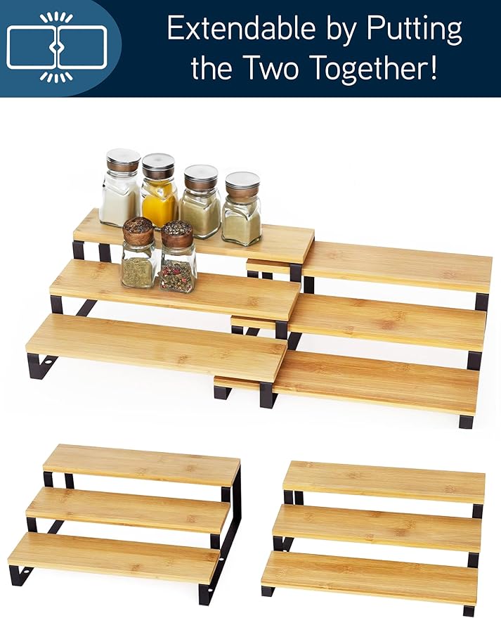 RoyalHouse Bamboo and Metal Expandable Spice Rack Organizer, Cabinet Shelf Organizers, 3-Tier Adjustable Kitchen Cabinet, Countertop Display Shelf, Space Organizer for Kitchen and Bathroom