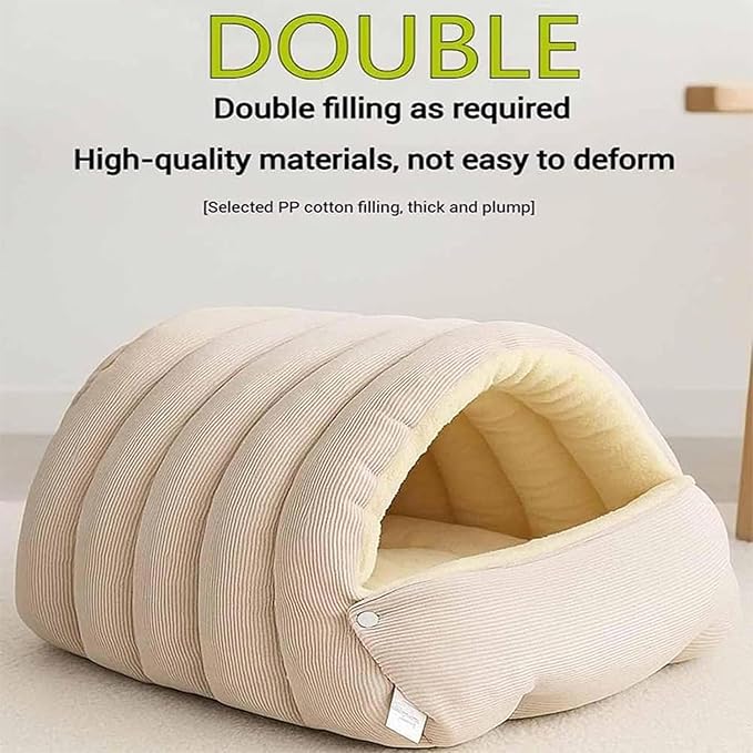 Expectation Cat Bed, Removable and Washable Winter Closed-Off Cat Bed, Soft Fluffy Warm Autumn/Winter Cats House, Washable Non-Slip Pet Sleeping Bag for Indoor Cats Small Dogs (Beige,Medium)