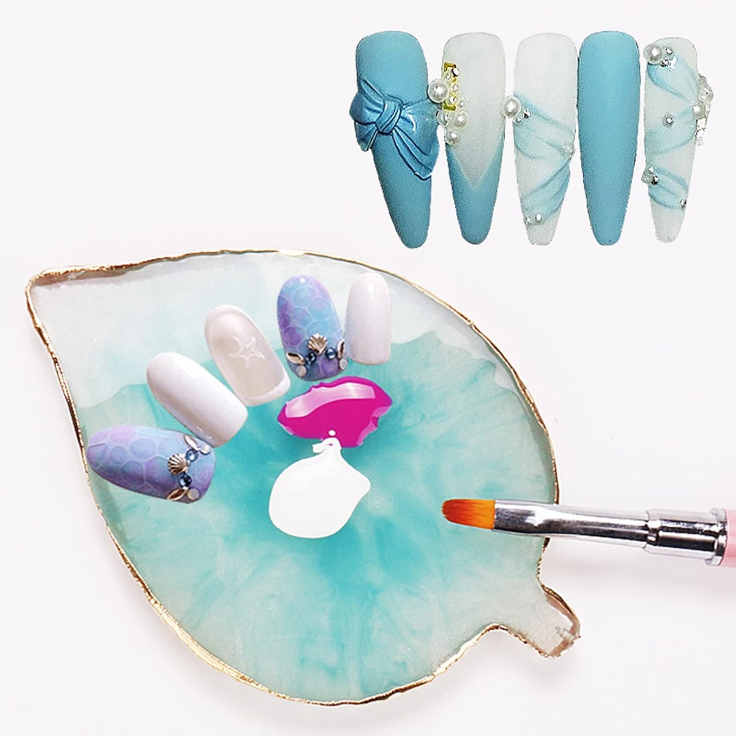1 Piece Nail Art Palette Nail Polish Palette Mixing Palette Makeup Plate Nail Plates for Nail Art Nail Tip Holder Nail Art Display (Blue Leaf)