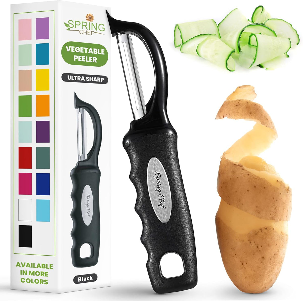Spring Chef Premium Swivel Vegetable Peeler, Soft Grip Handle and Ultra Sharp Stainless Steel Blades - Perfect Kitchen Peeler For Veggie, Fruit, Potato, Carrot, Apple - Black