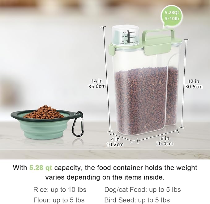 5 Lbs Dog Cat Food Storage Container with Collapsible Dog Bowls for Travel, Portable Pet Food Storage Container, Easy-Pouring Bird Seed Dispenser, Airtight Rice Cereal Oatmeal Flour Holder -Green