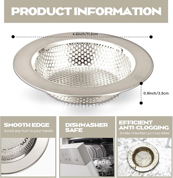Retisee 2 Pcs Sink Strainer Stainless Steel Kitchen Sink Drain Strainer Basket Cover Mesh Hair Food Catcher, Large Wide Rim of 4.4 Diameter(Brushed Silver)