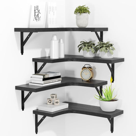 ROMGUAR CRAFT Corner Floating Shelves Wall Mounted Set of 4, Rustic Wood Storage Display Wall Shelves for Home Decor, Bathroom, Kitchen, Bedroom, Living Room, Office (Black)