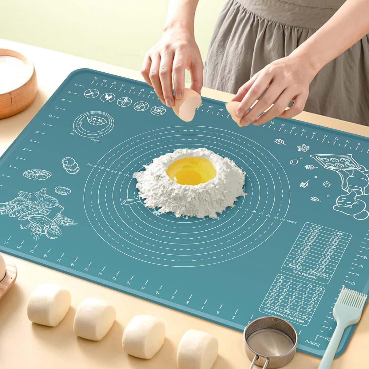 Silicone Baking Mat 24" x 16" Extra Thick Non-stick Pastry Mat with Measurements and Edge Heightening, Food Grade Silicone for Countertop Dough Rolling Making Bread, Cookies, Pizza, Fondant, Pasta