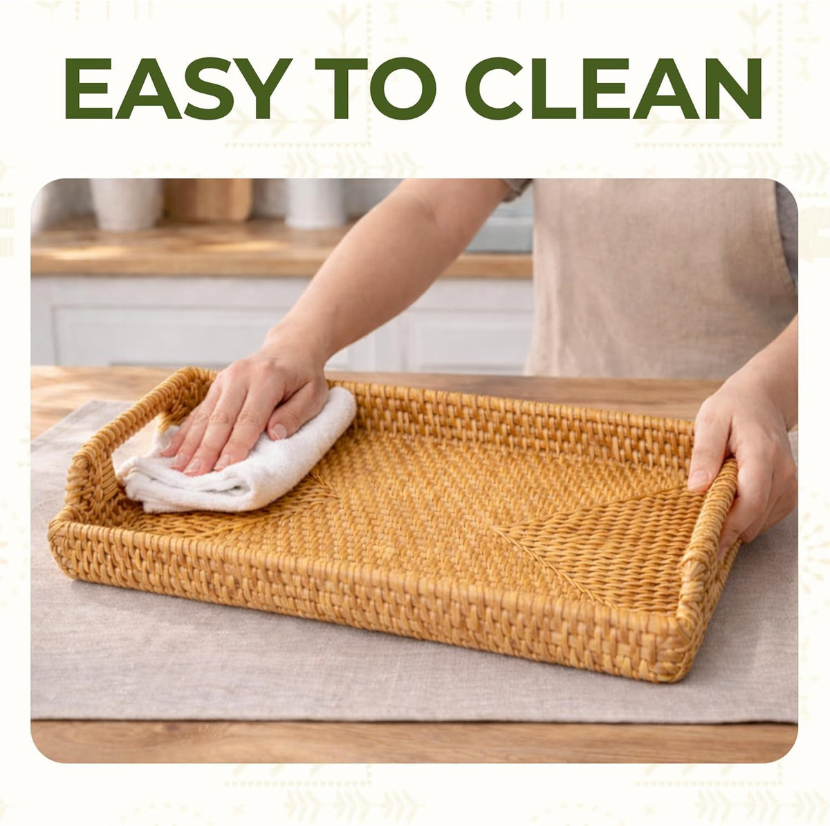 Rattan Serving Tray with Handles (11.4 x 16.9 x 2 in) – Handwoven Wicker Tray for Coffee Table, Breakfast, Ottoman & Home Decor, Natural Woven Tray
