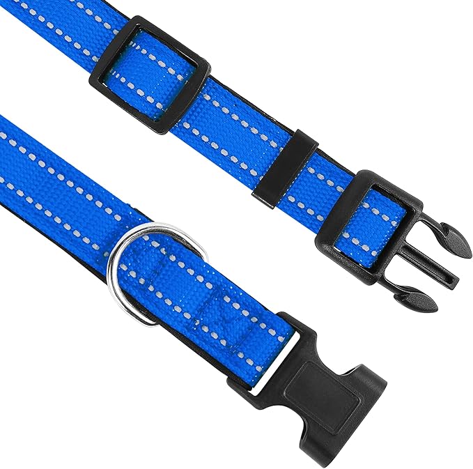 Reflective Dog Collar, Adjustable Soft Neoprene Padded Nylon Pet Collars with Buckle for Large Dogs, Navy Blue,L