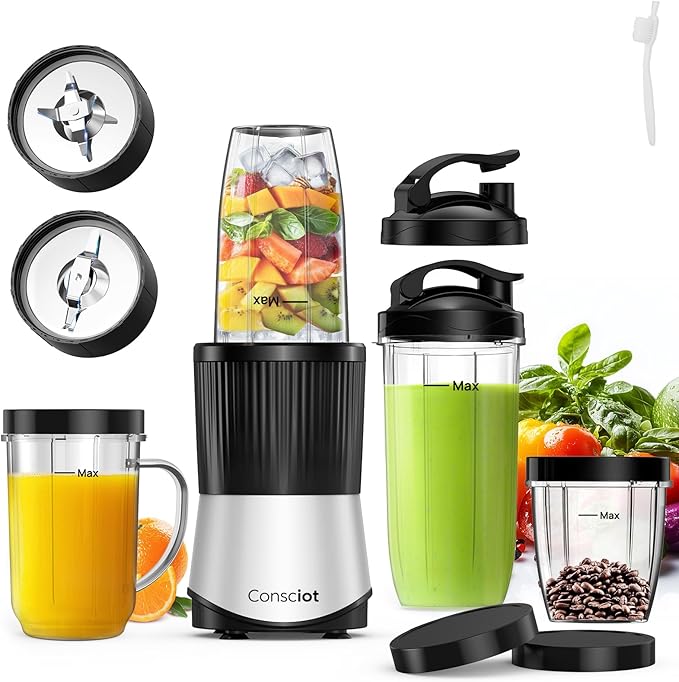 Consciot CB08 16-Piece Blender & Grinder Combo for Kitchen and Personal Size, Blend Shakes and Smoothies, Frozen Drinks, Baby Food, Spreads & More, 4 BPA-Free Portable To-Go Cups, 900 Peak Watts