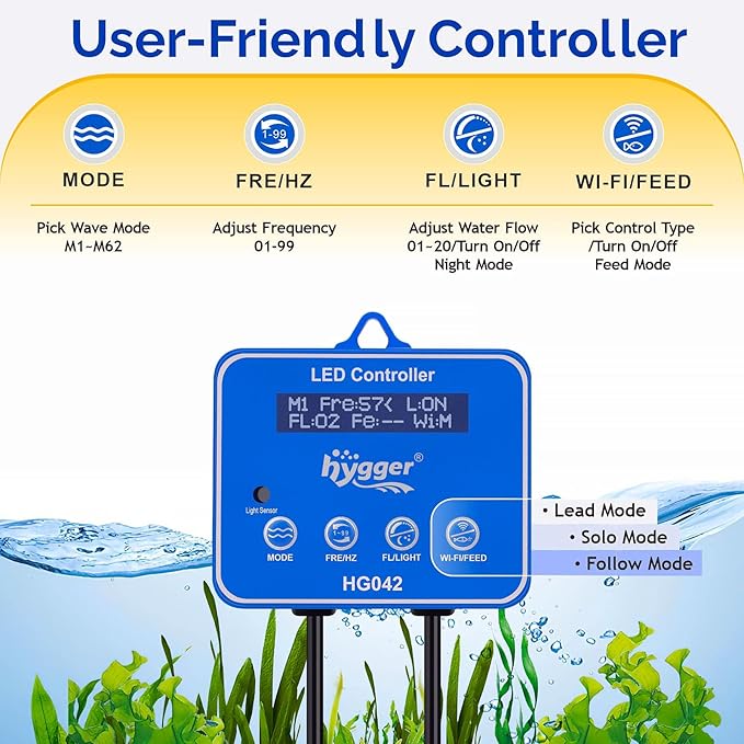 hygger Saltwater Aquarium Wave Maker with Controller, Adjustable Flow Magnetic DC 24V Powerhead Circulation Pump 6 Wave Modes for 30-90 Gallon Freshwater Coral Reef Tank 2100gph