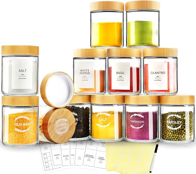 AISIPRIN Spice Jars with Label,12 Pcs 8oz Glass Jars with Bamboo Lids,Spice Organizer for Cabinet,Drawer, Rack, Seasoning Organizer Containers,Including 2 Type Labels