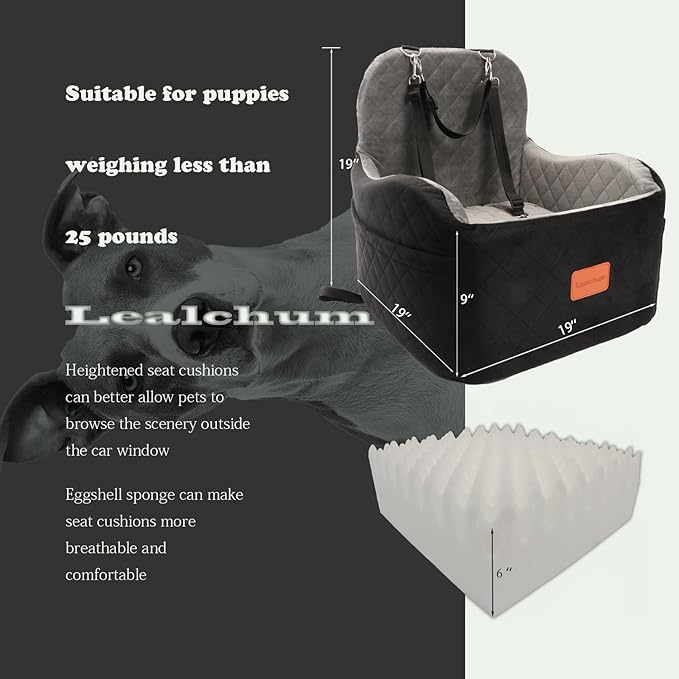 Dog Booster Car Seat for Small/Medium Dogs,6in Memory Foam Elevated Cushion,Fully Detachable and Washable,2 Clip-On Safety Leashes,Anti-Slip Base(Black/Grey,Medium)