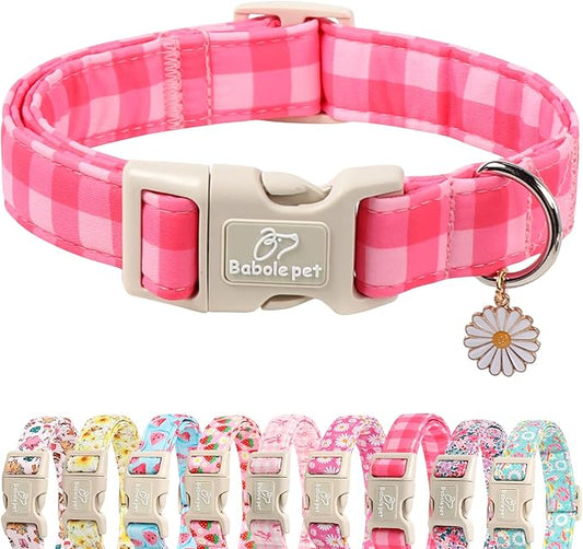 Girl Dog Collar for Puppy Small Dogs - Cute Pink Plaid Puppy Collar, Soft Adjustable Spring Summer Female Dog Collars with Quick Release Buckle XS