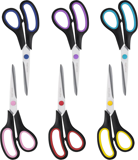 Scissors, BOOMIBOO 8" All Purpose 6 Pack - Comfort-Grip Scissors for Office Desk Accessories Sewing Fabric Home Craft School Supplies, Teacher/Class Supplies, Right/Left Handles