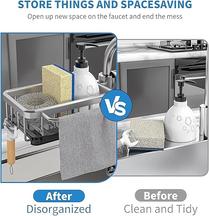 Kitchen Sink Faucet Organizer, Kitchen Sink Organizer Over Faucet, Over Sink Dish Drying Rack, Sponge Holder for Kitchen Sink, for 0.7-1.1 inch Round Water Pipe (Grey, Integrated Type)