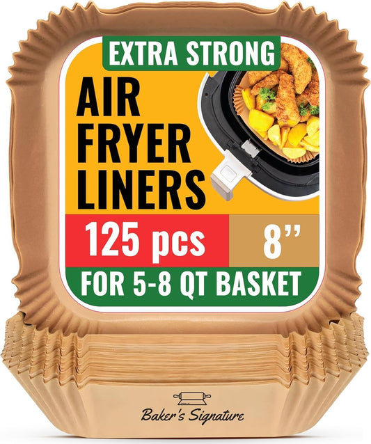Air Fryer Paper Liners, 125Pcs Air Fryer Disposable Liners, Non-Stick and Oil Proof for Easy Cleanup, 8” Square for 5-8 qt Basket by Baker's Signature