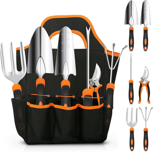 Gardening Tool Set, CHRYZTAL Stainless Steel Heavy Duty Gardening Tool Set, with Non-Slip Rubber Grip, Storage Tote Bag, Outdoor Hand Tools, Ideal Gardening Gifts for Women