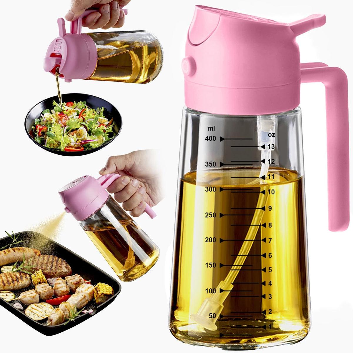 TrendPlain 16oz/470ml Glass Olive Oil Sprayer for Cooking – 2 in 1 Olive Oil Dispenser Bottle for Kitchen Gadgets and Air Fryer Accessories, Salad, BBQ - Black