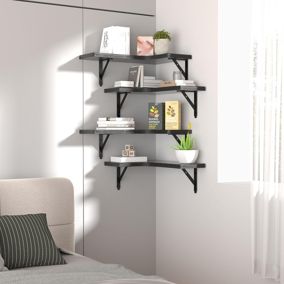ROMGUAR CRAFT Corner Floating Shelves Wall Mounted Set of 4, Rustic Wood Storage Display Wall Shelves for Home Decor, Bathroom, Kitchen, Bedroom, Living Room, Office (Black)
