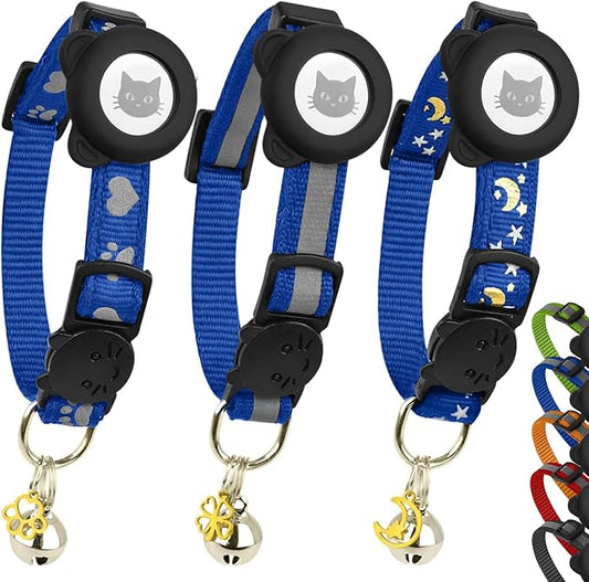 Cat Collar with AirTag Holders, 3-Pack, Reflective Breakaway Safety Collars, Bells and Matching Charms, Adjustable, Paw Hearts, Moon Stars Design, Lucky Charm, Blue