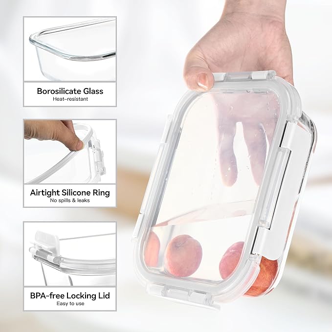 BAYZZ Glass Food Storage Containers, 5 Pack 35 Oz Glass Meal Prep Containers, Lunch Boxes with Airtight BPA-Free Lids, Microwave, Freezer and Dishwasher Safe,White