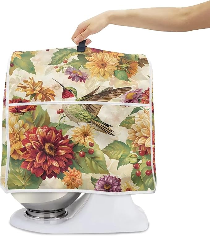 Floral Hummingbird Kitchen Dust Covers for Stand Mixer with Handle & Storage Pocket Oil-Resistant Food Processor Covers for Kitchen Counter Universal Fits 6-8 Qt Kitchen Mixers