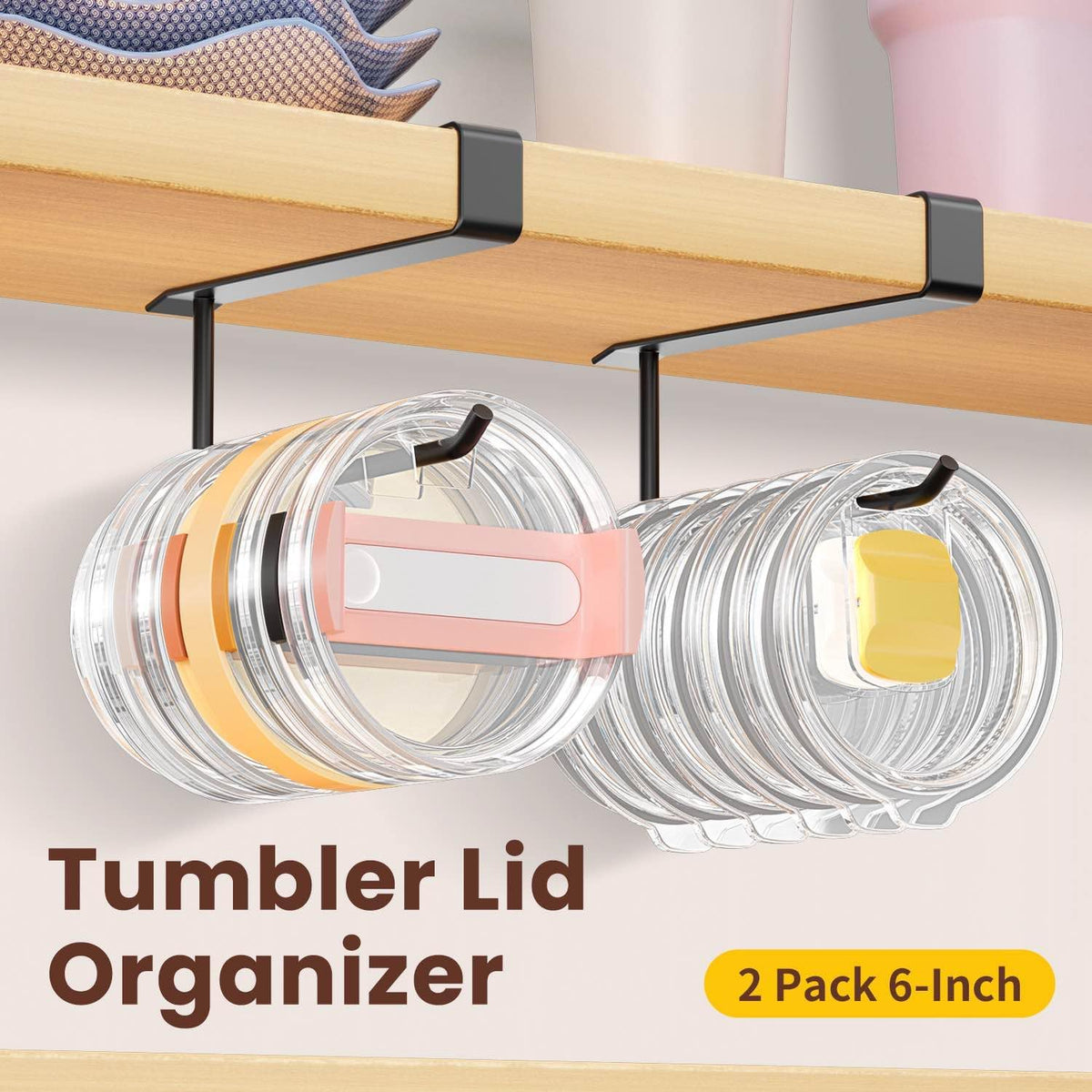 2 Pack Tumbler Lid Organizer, Under Cabinet Cup Lid Holder for Yeti Insulated Mug/Stanley Insulated Mug/Simple Modern Insulated Mug Lid, No Gluing, No Drilling, Up to 10 Lids (Black)