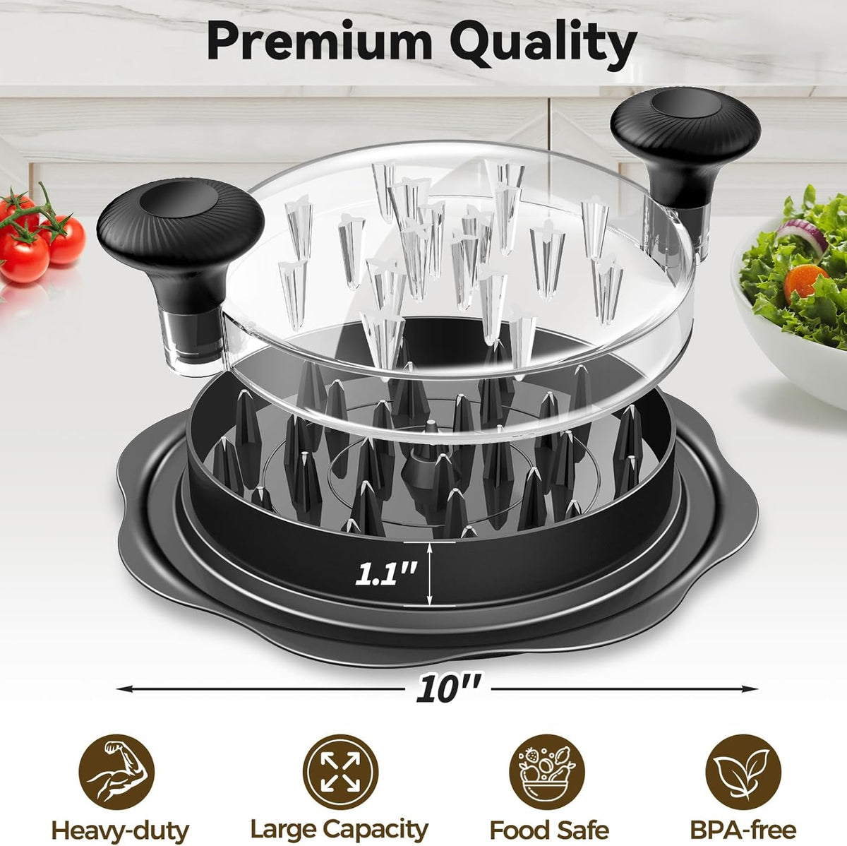 10" Pro Chicken Shredder Tool Twist Large for Kitchen, BPA-Free Food-Safe Meat Grinder, Visible Chicken Breast Meat Shredder with Strong Anti-Slip Bottom & Ergonomic Handle, Black