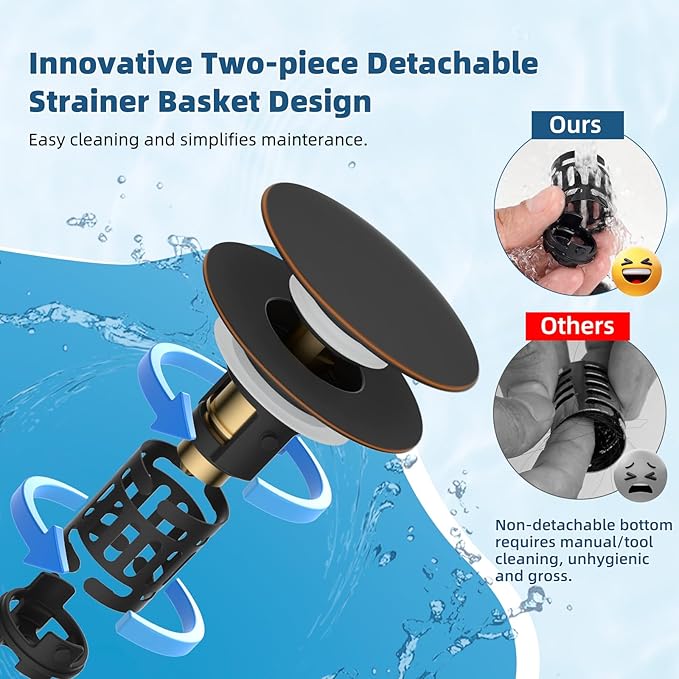 Hibbent 2 Pack 3 in 1 Bathroom Sink Drain Strainer, Pop Up Sink Stopper with Big Push Cap, Anti-Clogging Metal Filter Basket,Sink Plug with Hair Catcher for 1.1''~2.36'' Basin, Oil-Rubbed Bronze