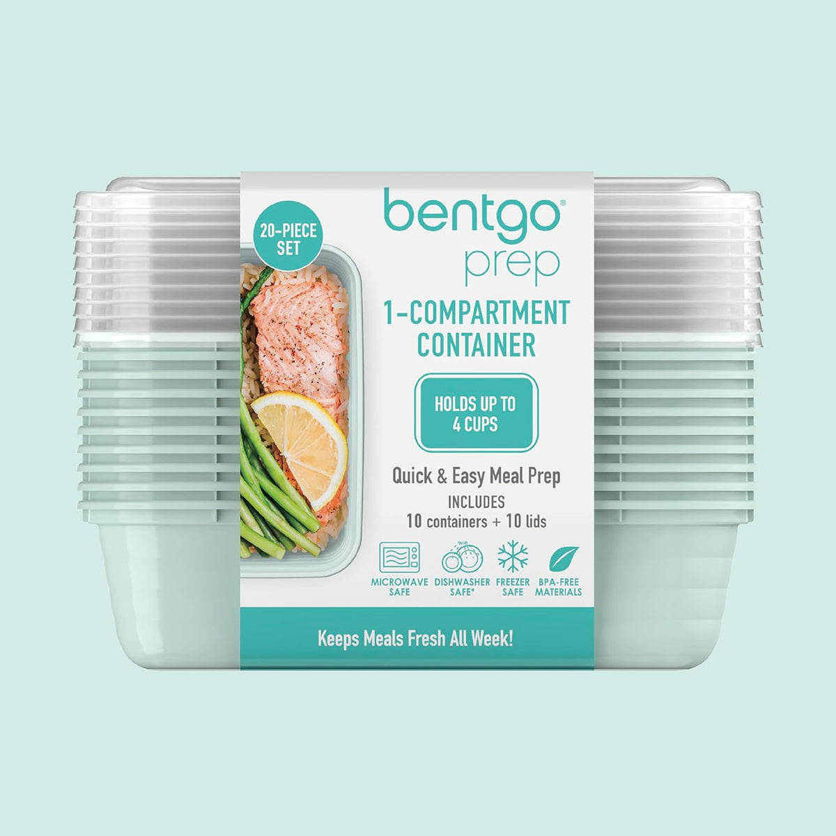 Bentgo Prep - 20-Piece 1-Compartment Reusable Meal Prep Containers with Lids, PFAS & BPA Free Materials, Durable, Microwave, Freezer, & Dishwasher Safe To Go Food Storage (Mint)