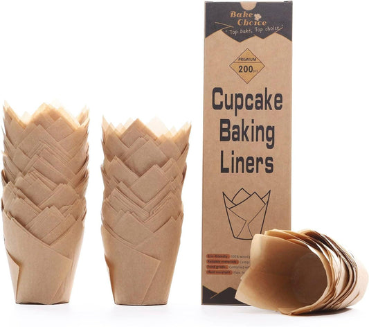 Bake Choice 200pcs Natural Tulip Cupcake Liners for Baking Cups Unbleached European Parchment paper Tulip Muffin Liners, Cupcake Wrapper for Party, Christmas