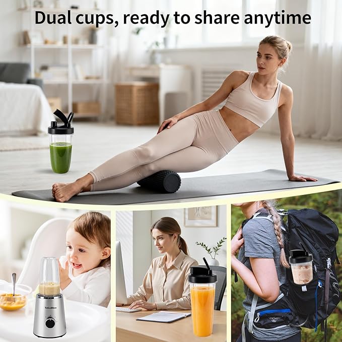 TuGoBlend Mini Blender with 2 Portable Cups (20oz + 13.5oz), 4-Blade Stainless Steel Blade Base, Personal Blender for Smoothies, Shakes, Juices, BPA-Free for Home, Office, Gym & Travel