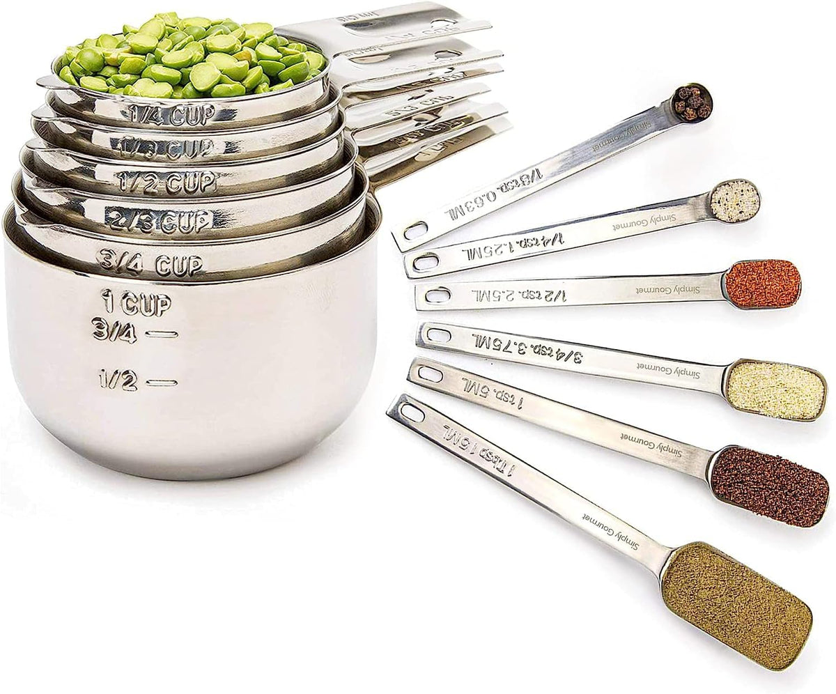 Simply Gourmet Measuring Cups and Spoons Set of 12 – 18/10 Stainless Steel Kitchen Gadgets – Stackable Design with Long Handle Spoons – Fits in Jars – Cooking & Baking Measuring Set for Dry & Liquid