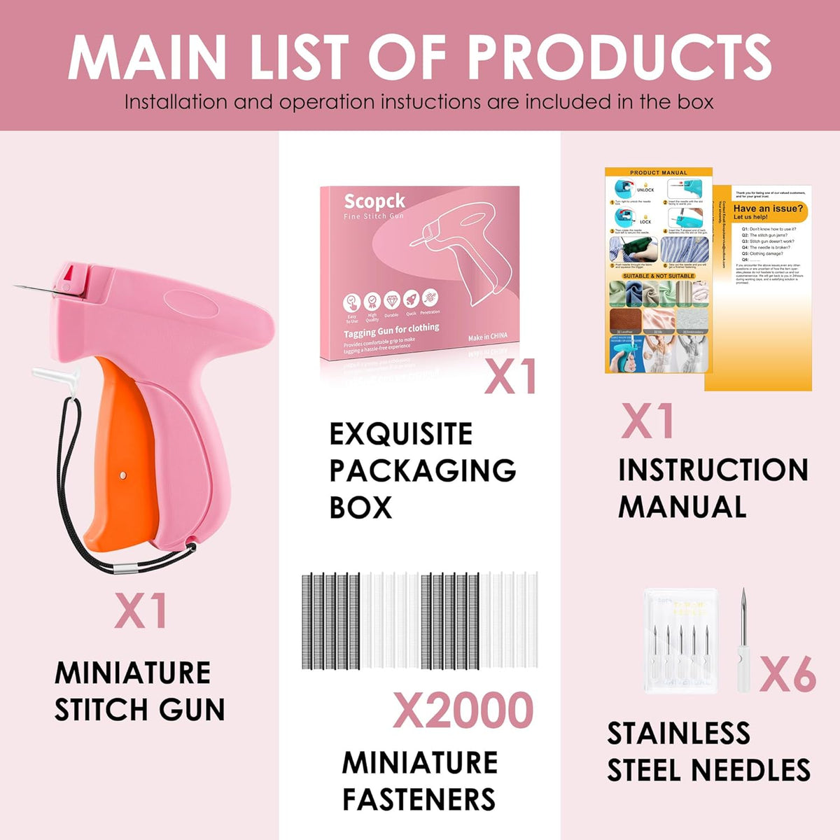 Stitch Gun for Clothes - Handheld Stitch Gun Quick Clothing Fixer - Tagging Gun - Includes 6 Needle, 1000 Black Fasteners & 1000 White Fasteners (Pink/Orange)