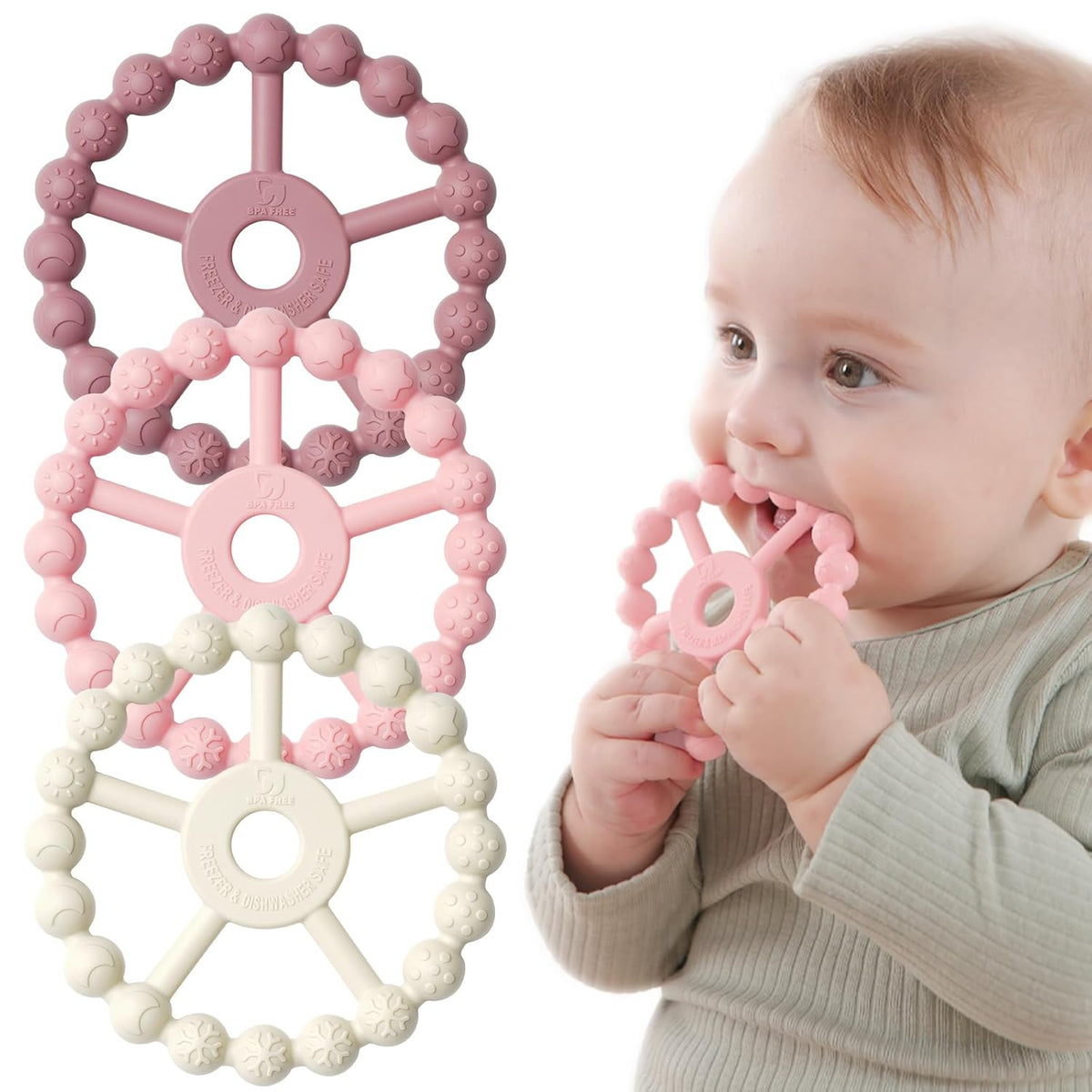 3 Pack Ring Teether Baby Infant Toys, Baby Essentials, Silicone Teething Ring Toys for Babies 0-6 Months, Seposeve Toddler Teethers 6-12 Months 12-24 Months, Infant Teething Relief, Purple Pink White