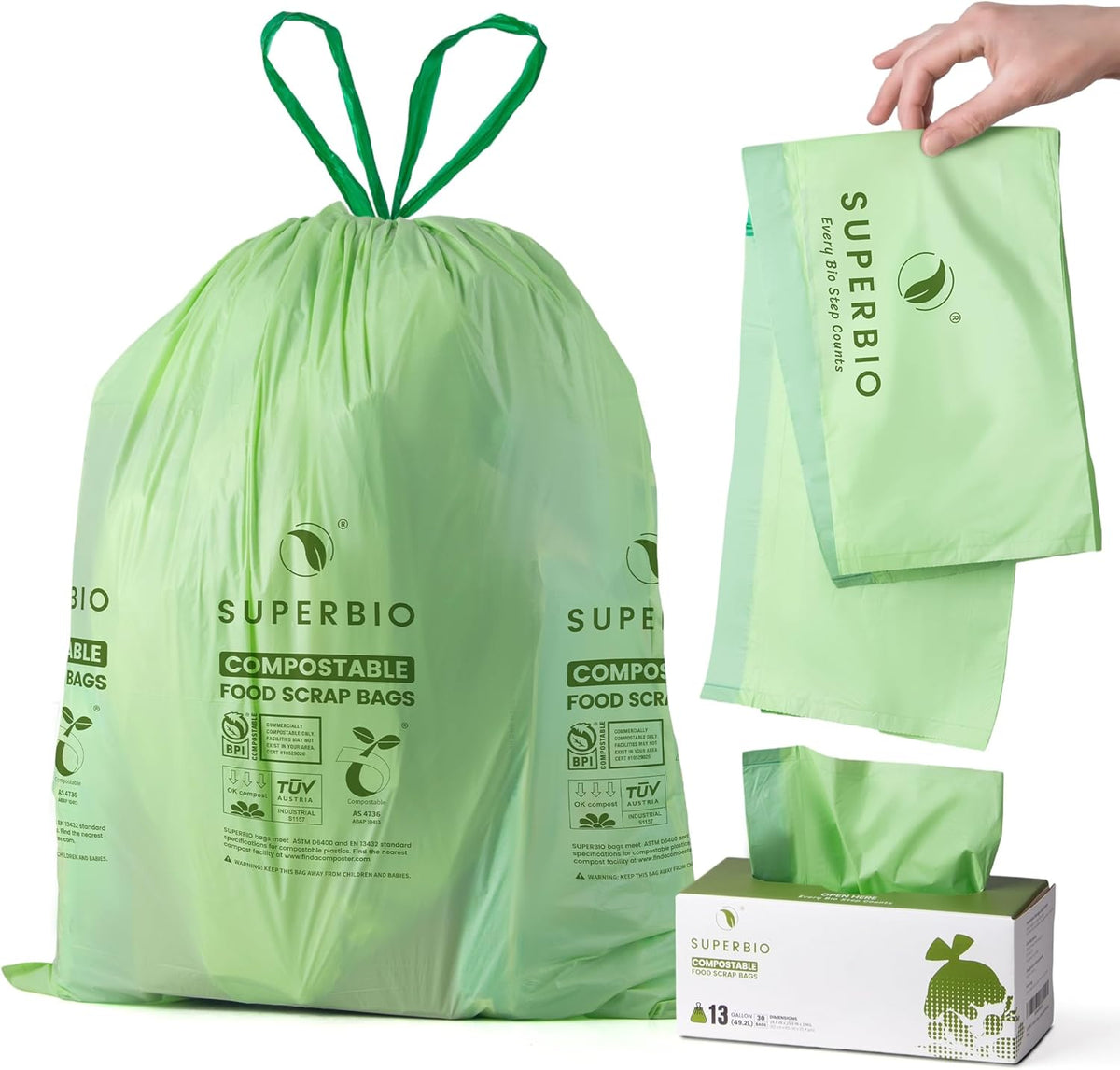 SUPERBIO 13 Gallon Compostable Drawstring Kitchen Waste Bag, 49.2 Liter, 30 Count,1 Mil, Heavy Duty Food Scrap Bags, BPI, Seedling and OK compost INDUSTRIAL