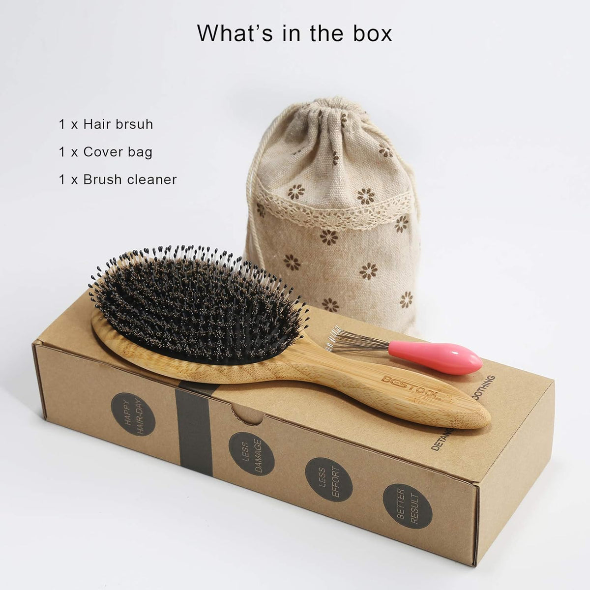 BESTOOL Hair Brush-Boar Bristle Hair Brushes Natural Bamboo Wooden Cushion Massage Anti Static Large Paddle Hairbrush for Women Men and Kid (Round)