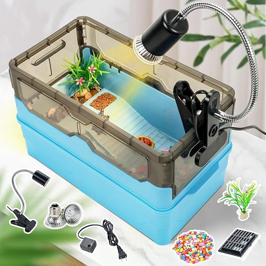 Turtle Tank kit with Filter+Water Pump+Heat lamp, Wheels, Easy to Move, Imitate The Natural Flows, Suitable for Small Turtle Horned Frog Hermit (M, Blue)