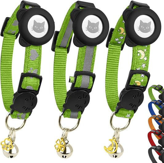 Cat Collar with AirTag Holders, 3-Pack, Reflective Breakaway Safety Collars, Bells and Matching Charms, Adjustable, Paw Hearts, Moon Stars Design, Lucky Charm, Red, Blue, Black (Green)