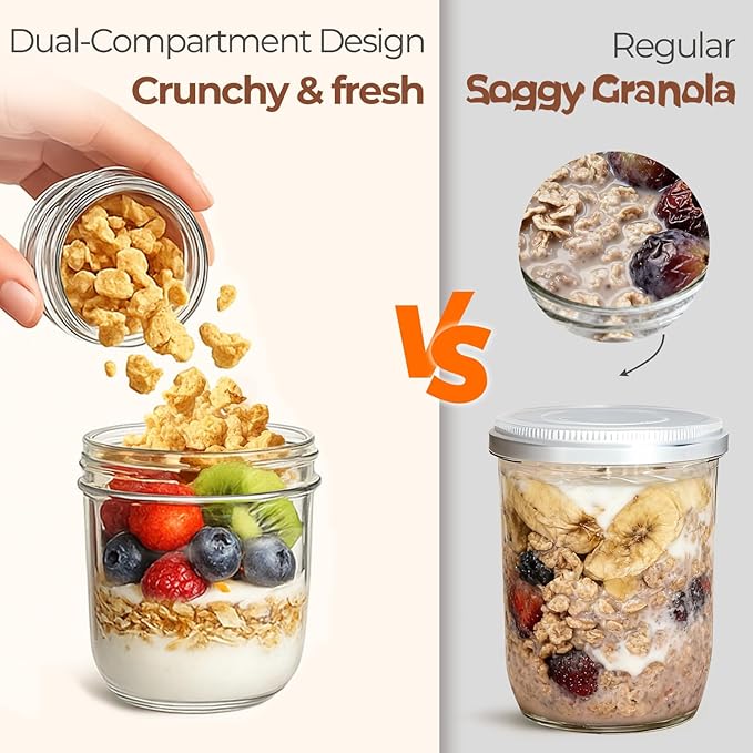 ComSaf Overnight Oats Containers with Lids (8oz+4oz, 6Pcs), Glass Yogurt Parfait Cups for Cereal Nut Fruit, Dual-Layer Chia Pudding Jars Reusable, Small Mason Jars for Salad, Meal Prep, Snack, Oatmeal