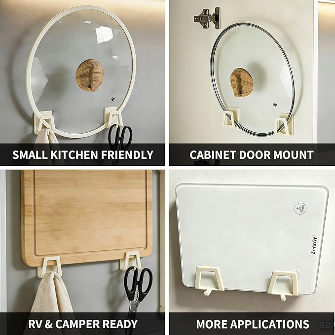 4 Pack Pot Lid Holders with Hook, Pot and Pan Hangers for Kitchen Inside Cabinet Wall Mount Rack Cabinet Door Lid Organizer, Save More Space, White