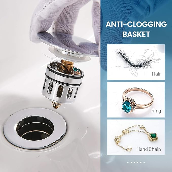 REGALMIX Bathroom Sink Drain with Detachable Hair Catcher Basket, Pop Up Drain Stopper with Overflow Anti-Clogging Vanity Vessel Sink Drain, Polished Chrome 2 Pack All Metal, RM083H-P2