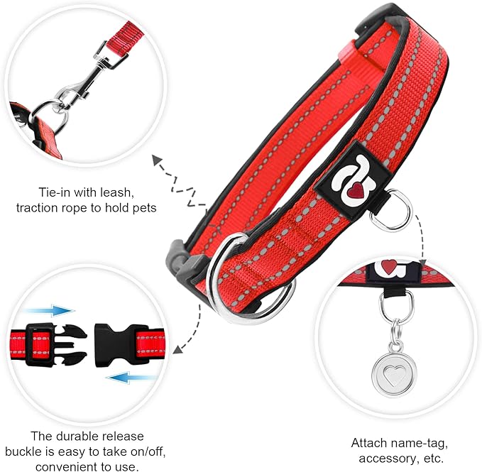 azuza Reflective Dog Collar,Soft Neoprene Padded Pet Collar with ID Tag Ring,Adjustable for Medium Dogs,Red,M