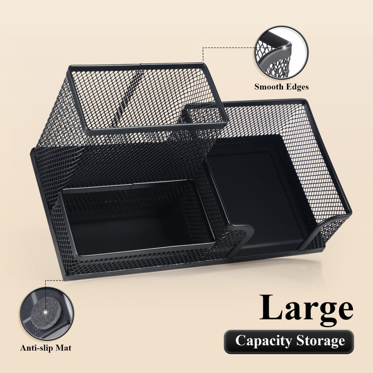 M&G Mesh Pen Holder Desk Organizers Pencil Holder for Desk Black, 3 Compartments Metal Office Supply Organizer with Sticky Notes Holder for School Home Office