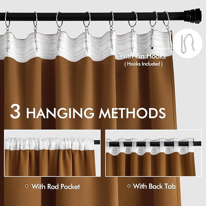 MIULEE Golden Brown Back Tab Blackout Curtain 96 Inch Long 2 Panels Set