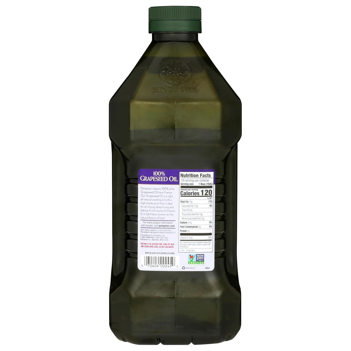 Pompeian 100% Grapeseed Oil, Light and Subtle Flavor, 68 Fl Oz