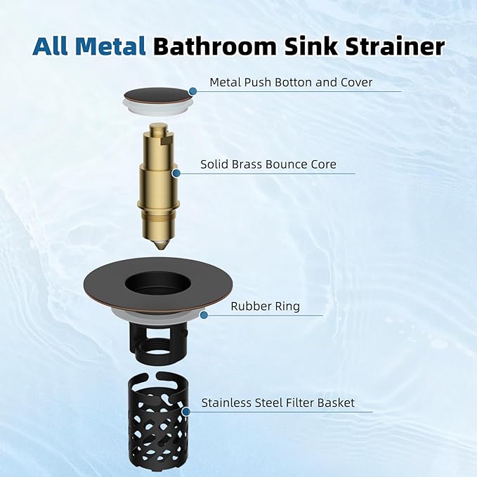 iFealClear All Metal Bathroom Sink Stopper, Pop Up Sink Drain Strainer with Removable Stainless Steel Filter Basket, Universal for 1.1"-2.36" Sink, Brass Bounce Core, Hair Catcher, Oil Rubbed Bronze