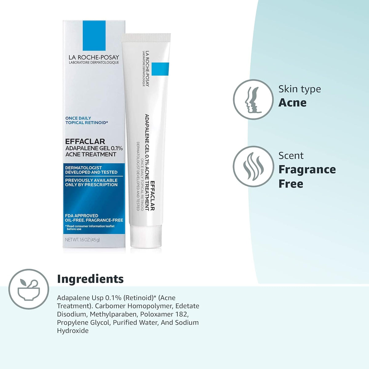 La Roche-Posay Effaclar Adapalene Gel 0.1% Acne Treatment, Retinoid Cream, Acne Medication Gel For Blackheads & Whiteheads, Oil Free, Helps Clear And Prevent Blemishes & Clogged Pores