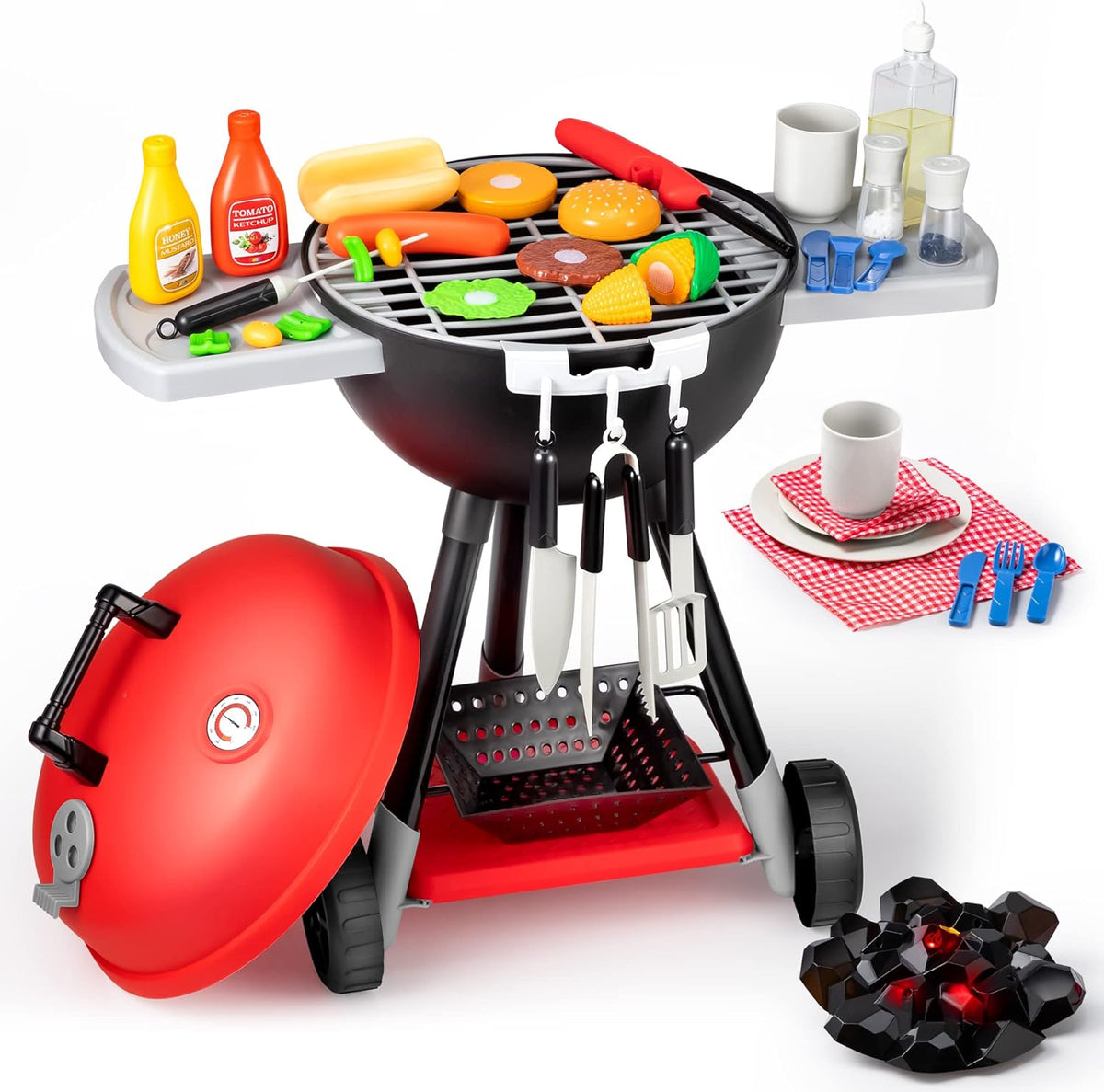 JOYIN 34 PCS Kitchen Toy Set, BBQ Play Grill, Cooking Toy Set, Little Chef Play, Kids Grill Playset Interactive BBQ for Kids with Light & Sound, Christmas Birthday Gift for 2 3 4 Year Old Boys Girls