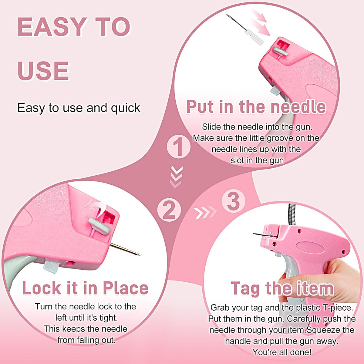 Stitch Gun for Clothes， Handheld Stitch Gun Quick Clothing Fixer，Sewing Kit Includes 1,000 Black Fasteners & 1,000 White Fasteners & 6 Needles，Tagging Gun（Pink）